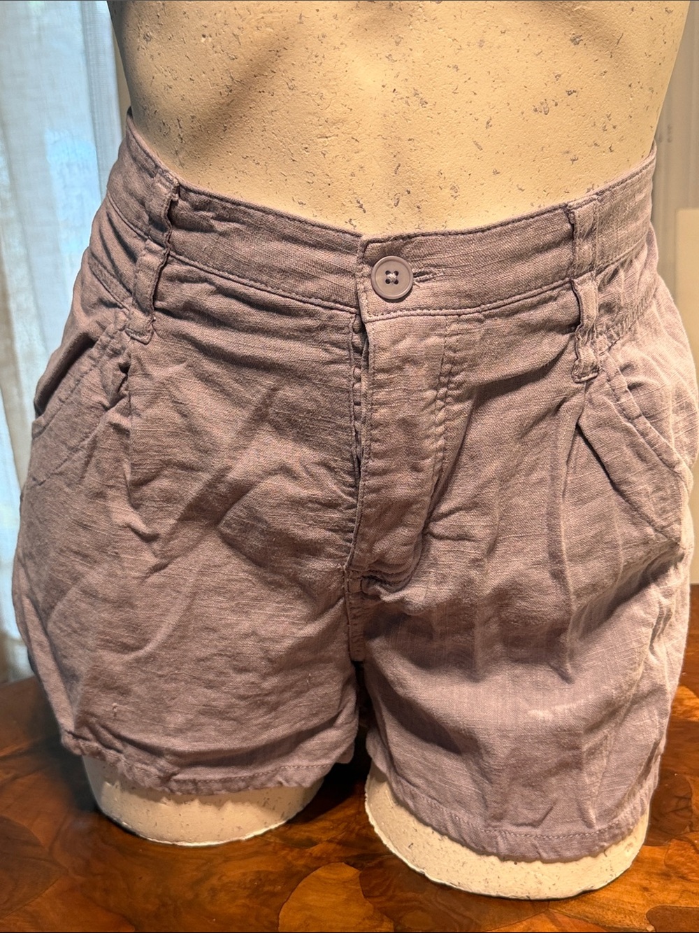 Free People Dusty Gray Pleated Front Linen-Blend Shorts